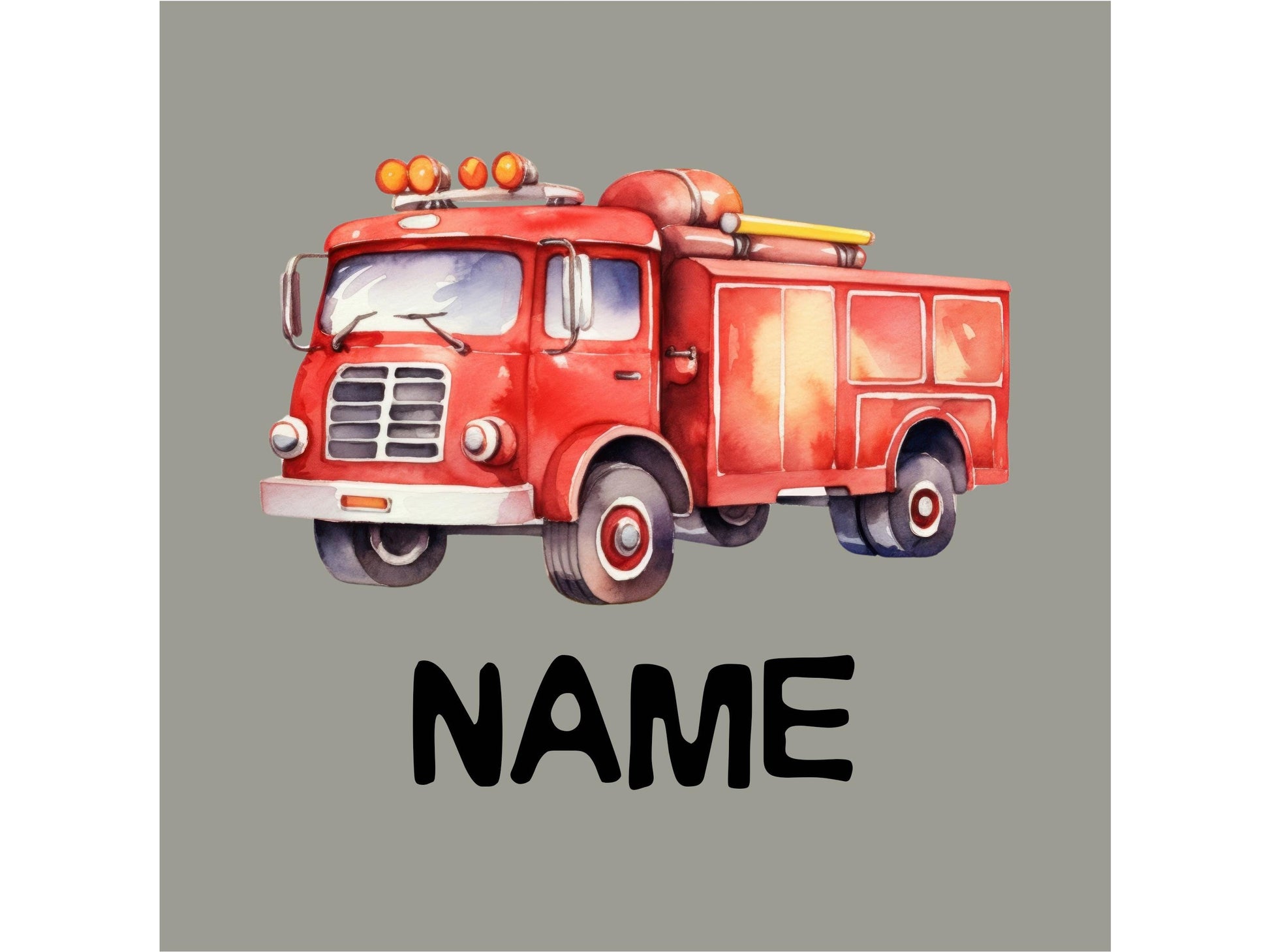 Closeup detail of a vintage red firetruck in watercolor style design. Placeholder for &quot;NAME&quot; underneath. Graphic is placed on a gray background.