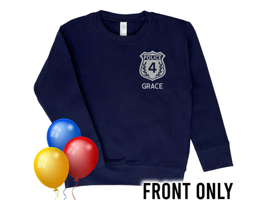 Front view of navy blue sweatshirt with a silver police badge on front left chest. Badge has the number &#39;4&#39; in the middle and the name &#39;Grace&#39; underneath in silver text.