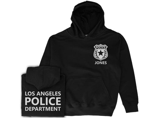 Black youth police hoodie with silver badge on the left chest and the name &#39;Jones&#39; underneath in silver text.  The back displays &#39;LOS ANGELES POLICE DEPARTMENT&#39; in silver text.