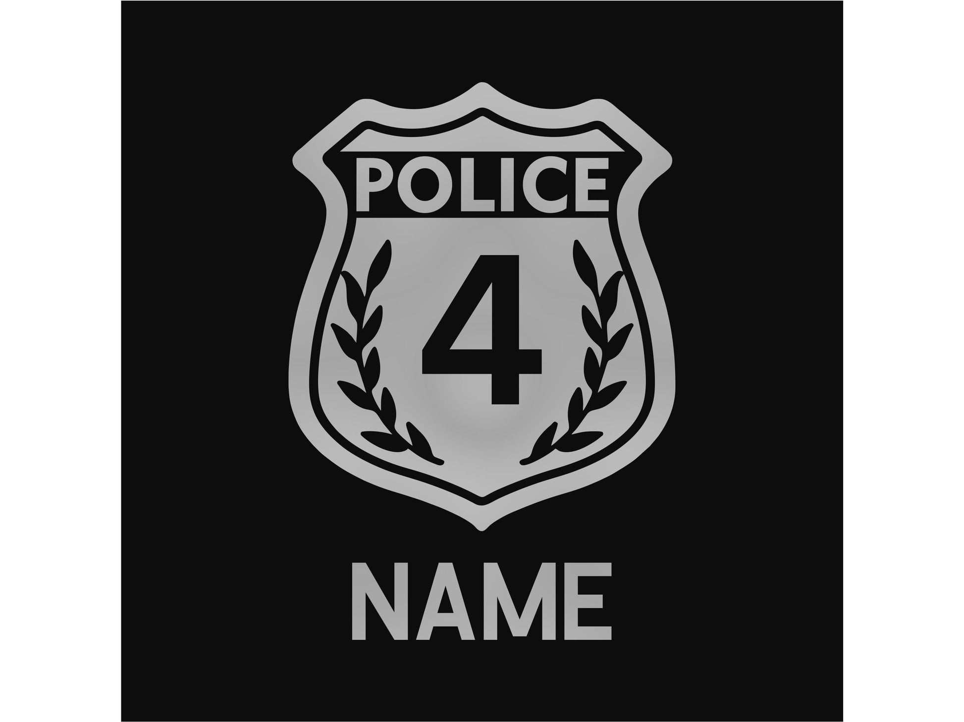 Closeup detail of silver police badge with the number 4 and &#39;Name&#39; underneath in silver text.