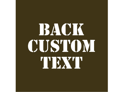 The words &#39;Back Custom Text&#39; in white on an army green background.