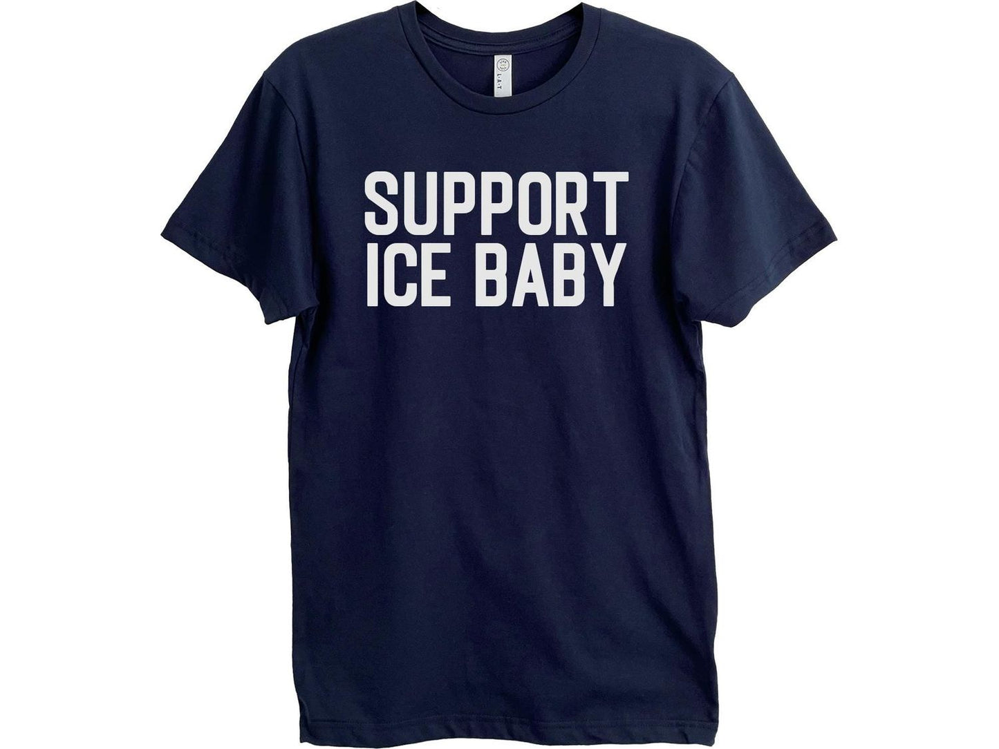 Adult Navy T-shirt with 2 lines of white text that says &quot;Support ICE Baby&quot;.