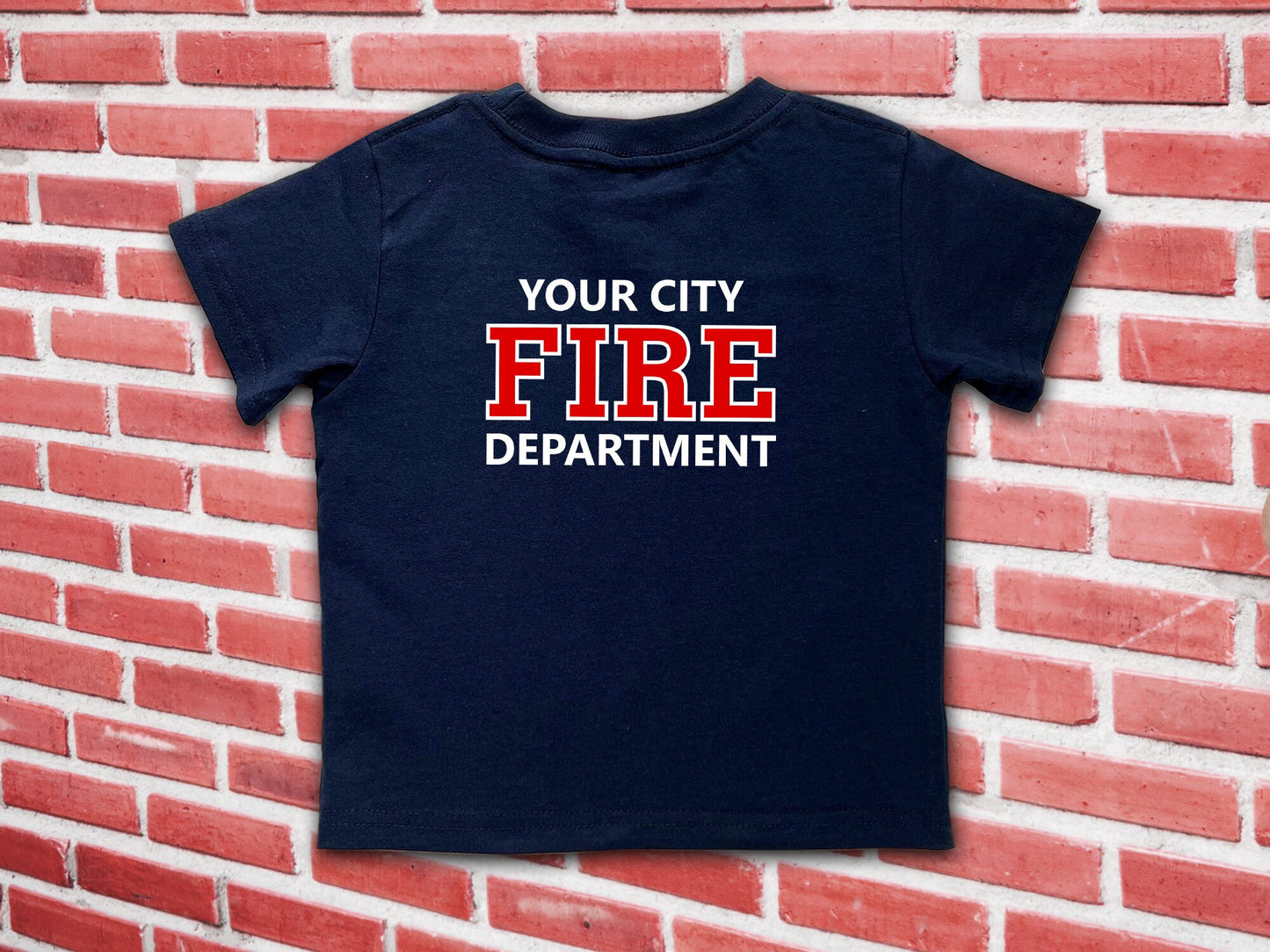 Navy Birthday Firefighter Toddler T-Shirt with Maltese Cross and Child's Age Plus Personalized Name - Optional Fire Department on Back