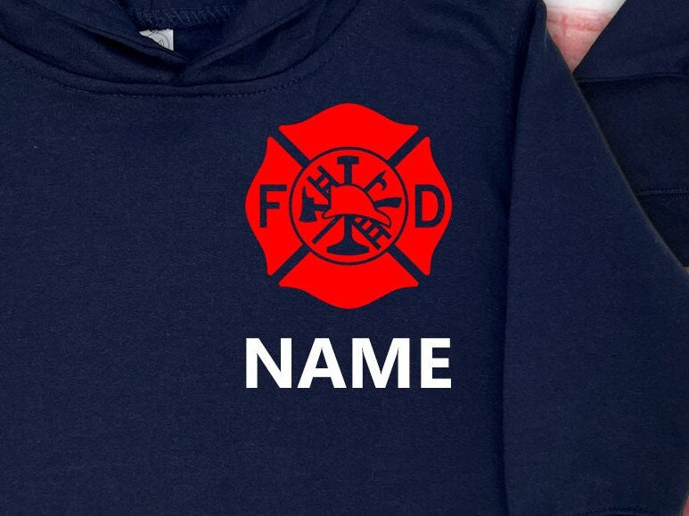 Firefighter Navy Toddler Hoodie with Maltese Cross and Personalized Name - Optional Fire Department on Back