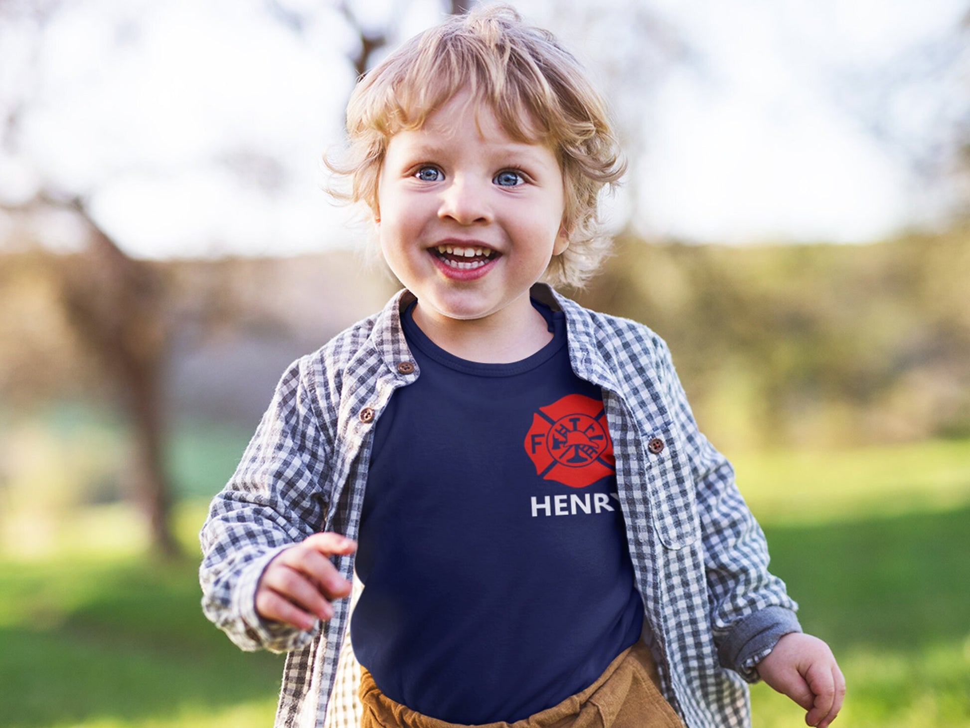 Firefighter Navy Infant Bodysuit with Maltese Cross and Personalized Name - Optional Fire Department on Back