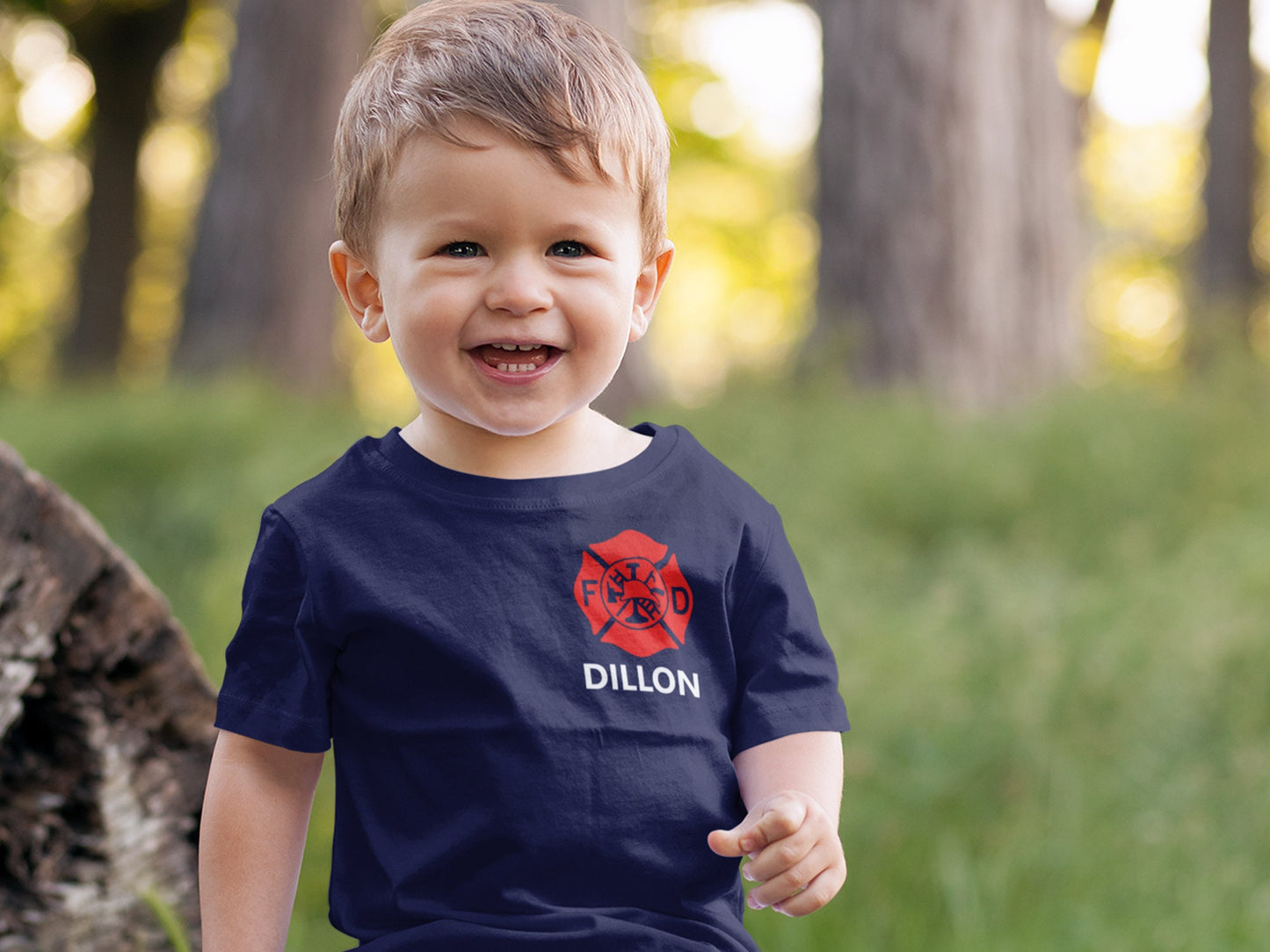 Firefighter Navy Toddler T-Shirt with Maltese Cross and Personalized Name - Optional Fire Department on Back