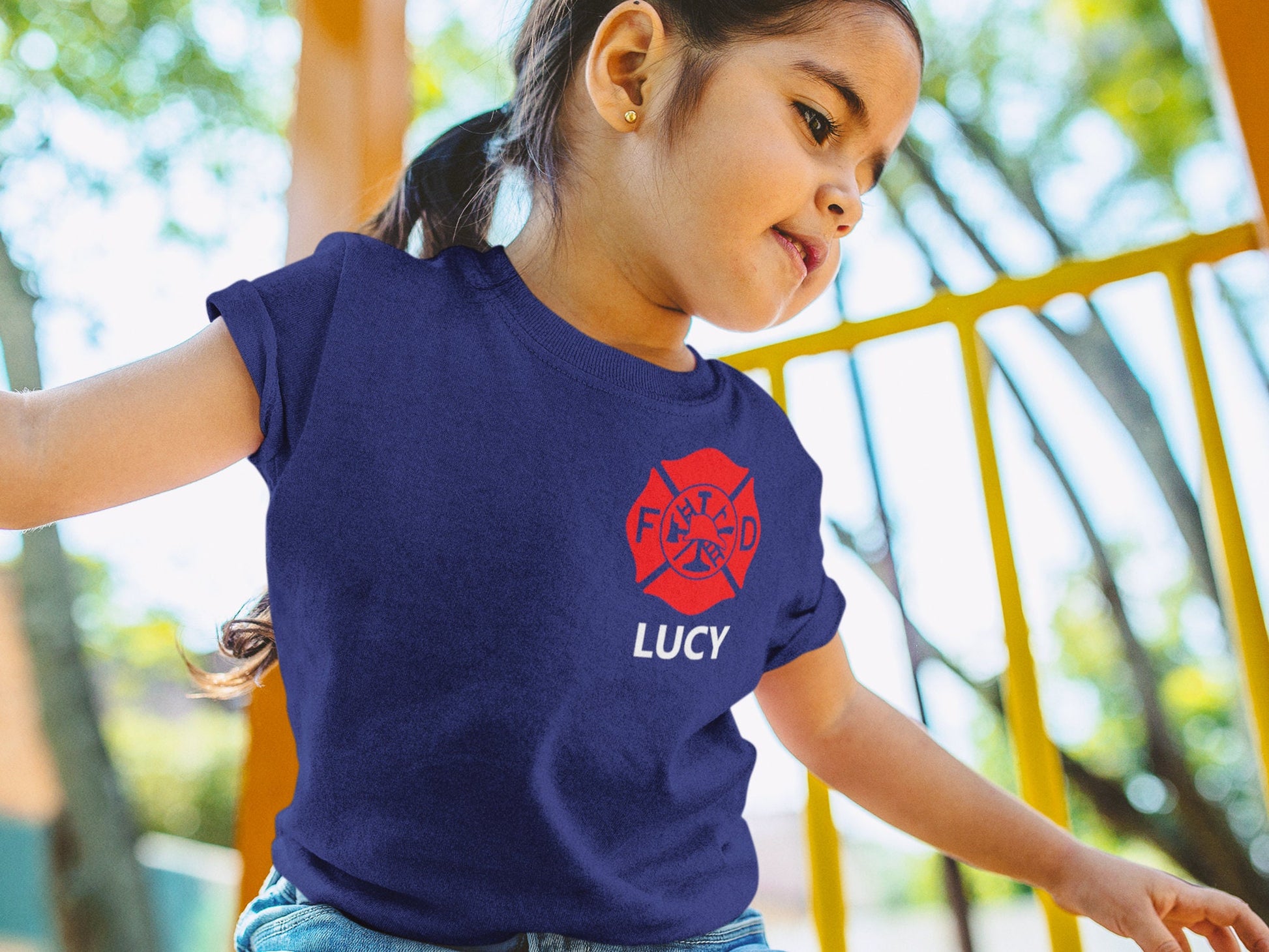 Firefighter Navy Toddler T-Shirt with Maltese Cross and Personalized Name - Optional Fire Department on Back