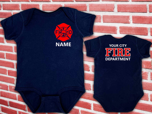 Firefighter Navy Infant Bodysuit with Maltese Cross and Personalized Name - Optional Fire Department on Back