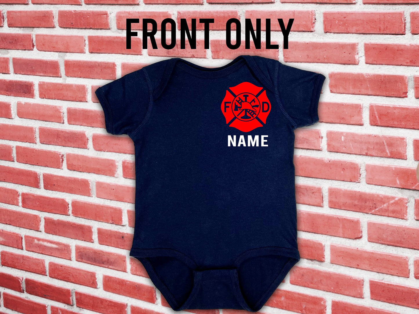 Firefighter Navy Infant Bodysuit with Maltese Cross and Personalized Name - Optional Fire Department on Back