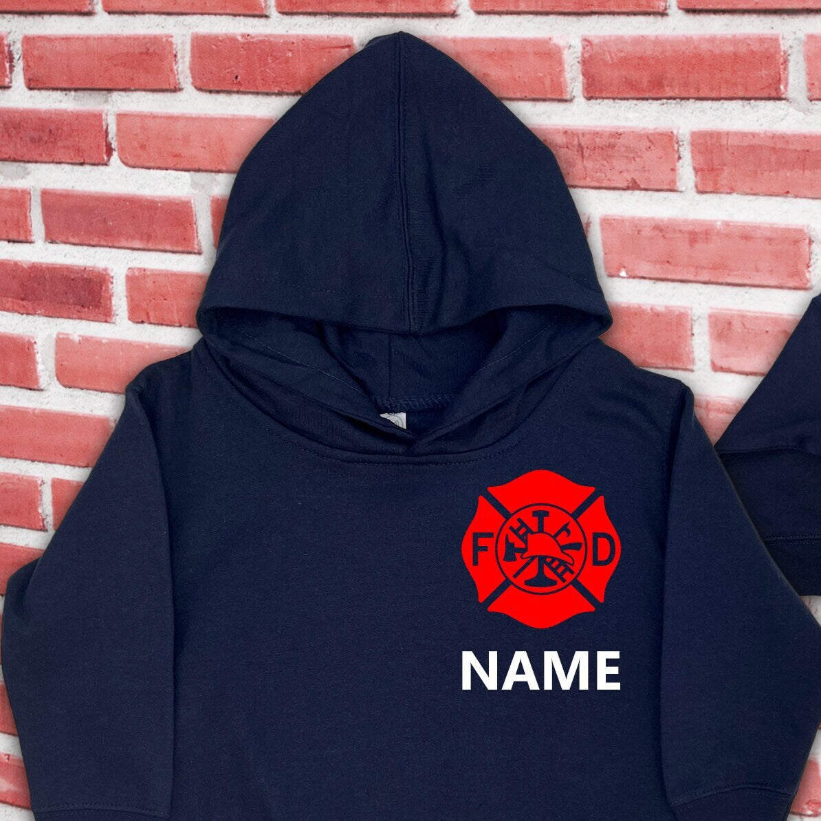 Firefighter Navy Toddler Hoodie with Maltese Cross and Personalized Name - Optional Fire Department on Back