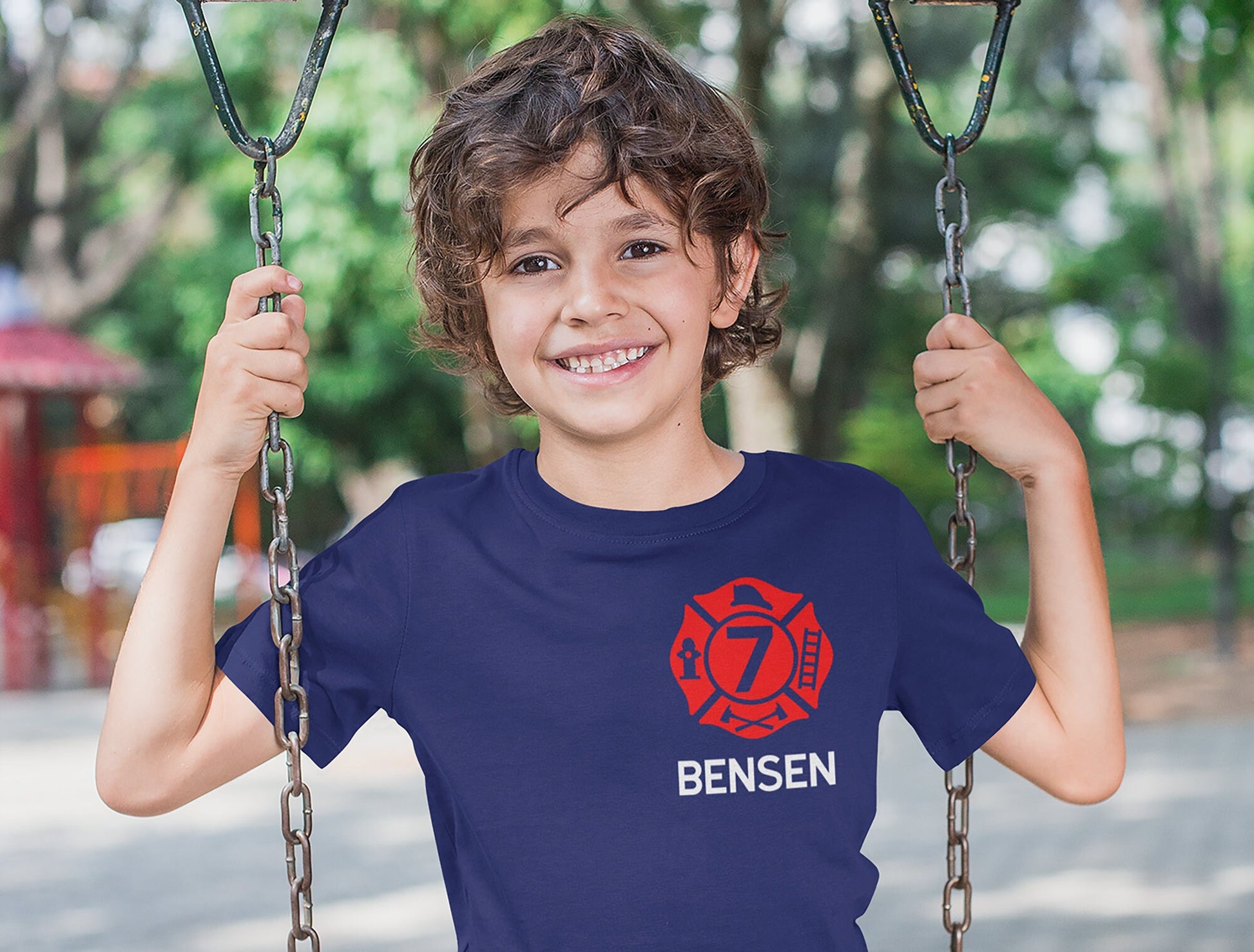 Navy Birthday Firefighter Toddler T-Shirt with Maltese Cross and Child's Age Plus Personalized Name - Optional Fire Department on Back