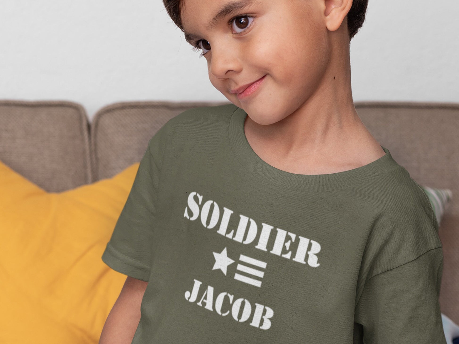 Soldier Army Green Toddler T-Shirt with Custom Text on Front and Optional 2 Lines of Custom Text on Back