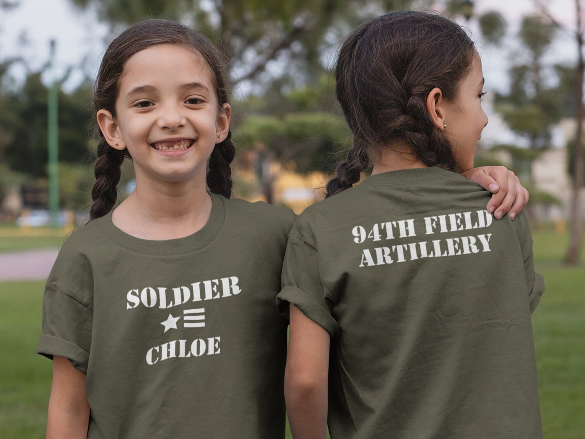 Soldier Army Green Toddler T-Shirt with Custom Text on Front and Optional 2 Lines of Custom Text on Back