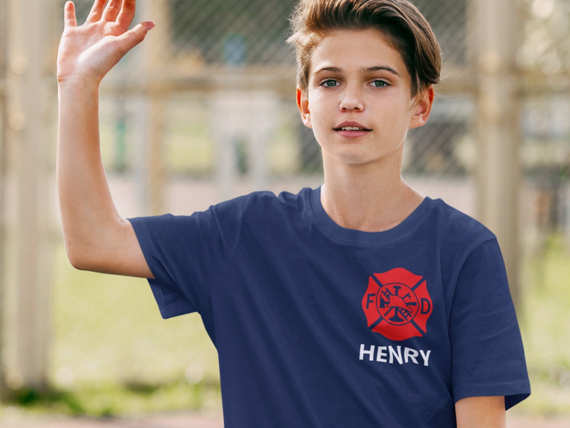 Navy Firefighter Youth T-Shirt with Maltese Cross and Personalized Name - Optional Fire Department on Back