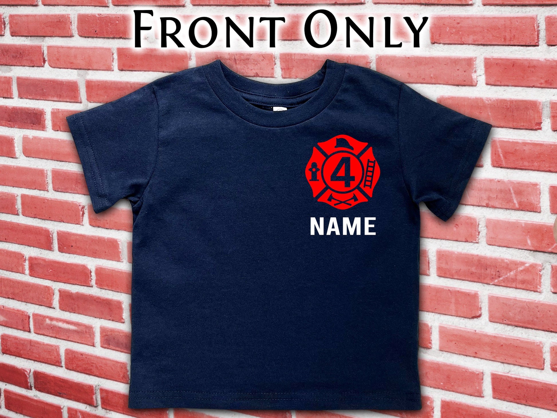 Firefighter Navy Toddler T-Shirt with Maltese Cross and Personalized Name - Optional Fire Department on Back