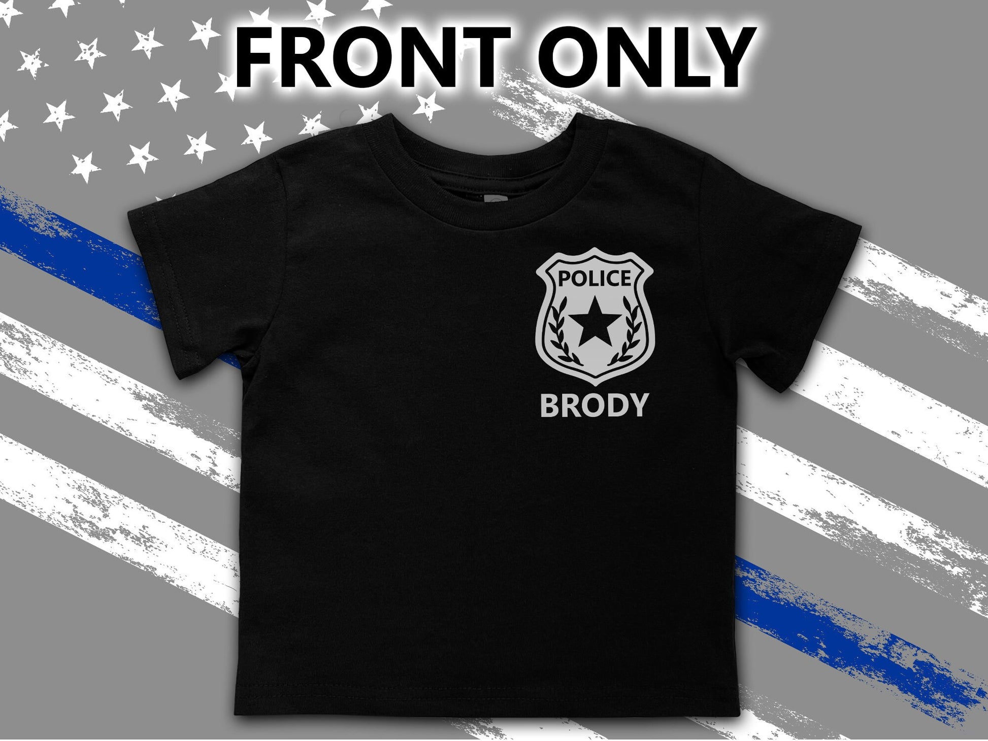 Black Police Toddler T-Shirt with Badge and Personalized Name in - Optional Police Department on Back