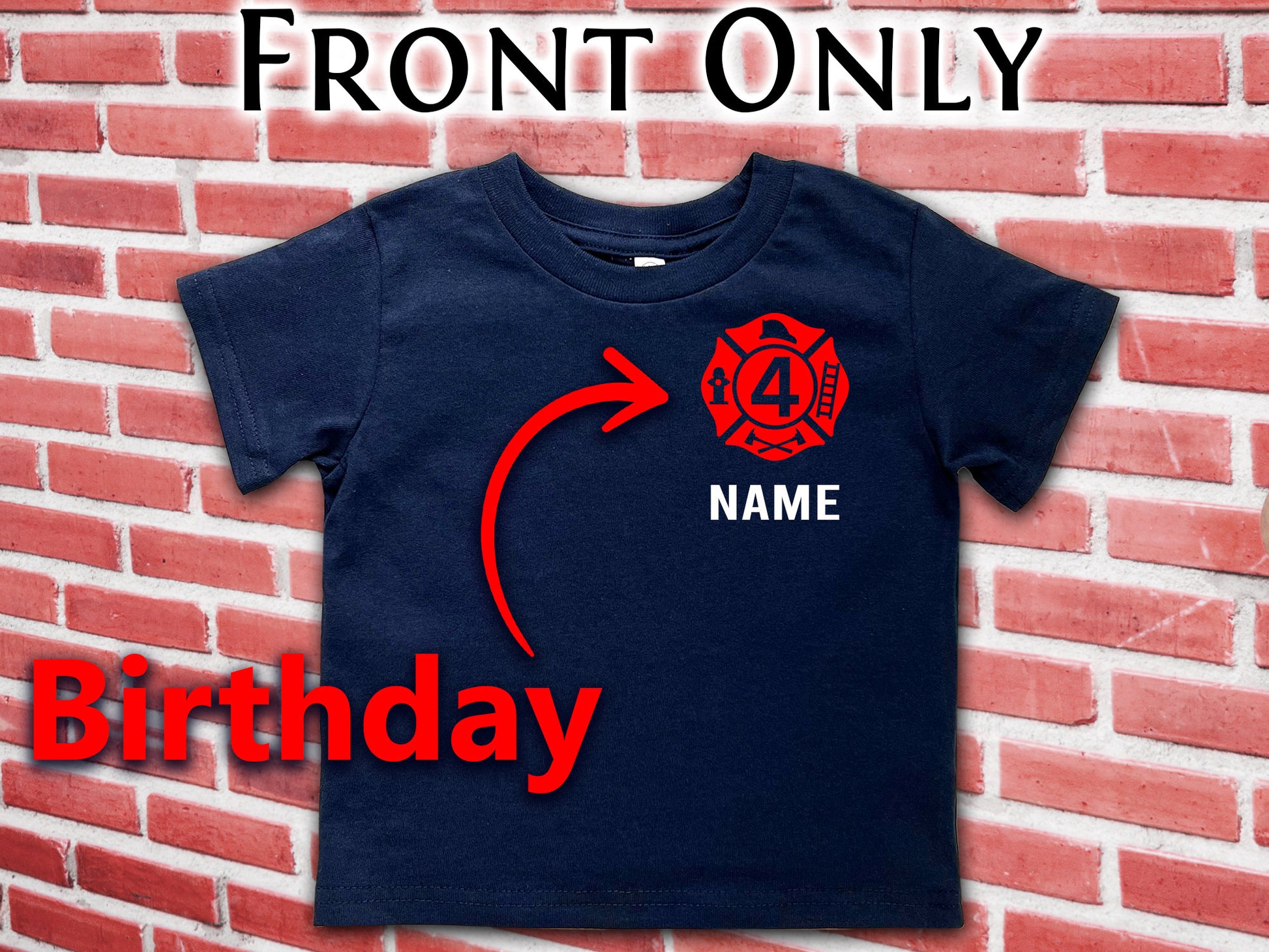 Navy Birthday Firefighter Toddler T-Shirt with Maltese Cross and Child's Age Plus Personalized Name - Optional Fire Department on Back