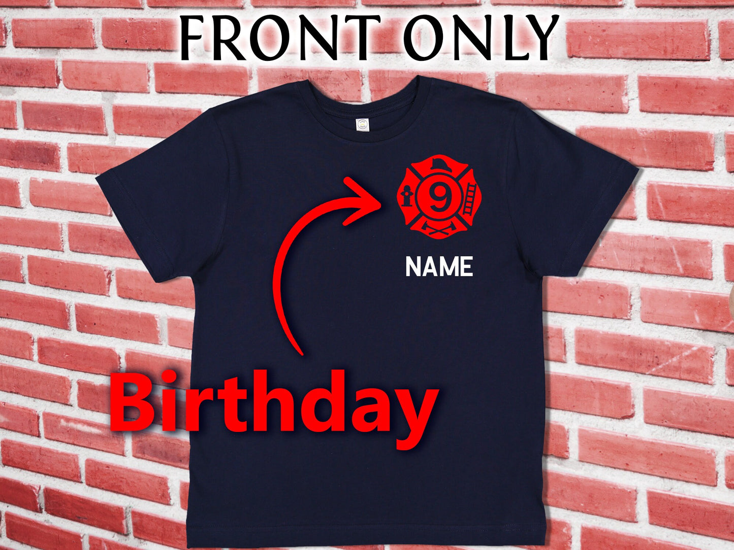 Firefighter Birthday Navy Youth T-Shirt with Maltese Cross and Personalized Name - Optional Fire Department on Back