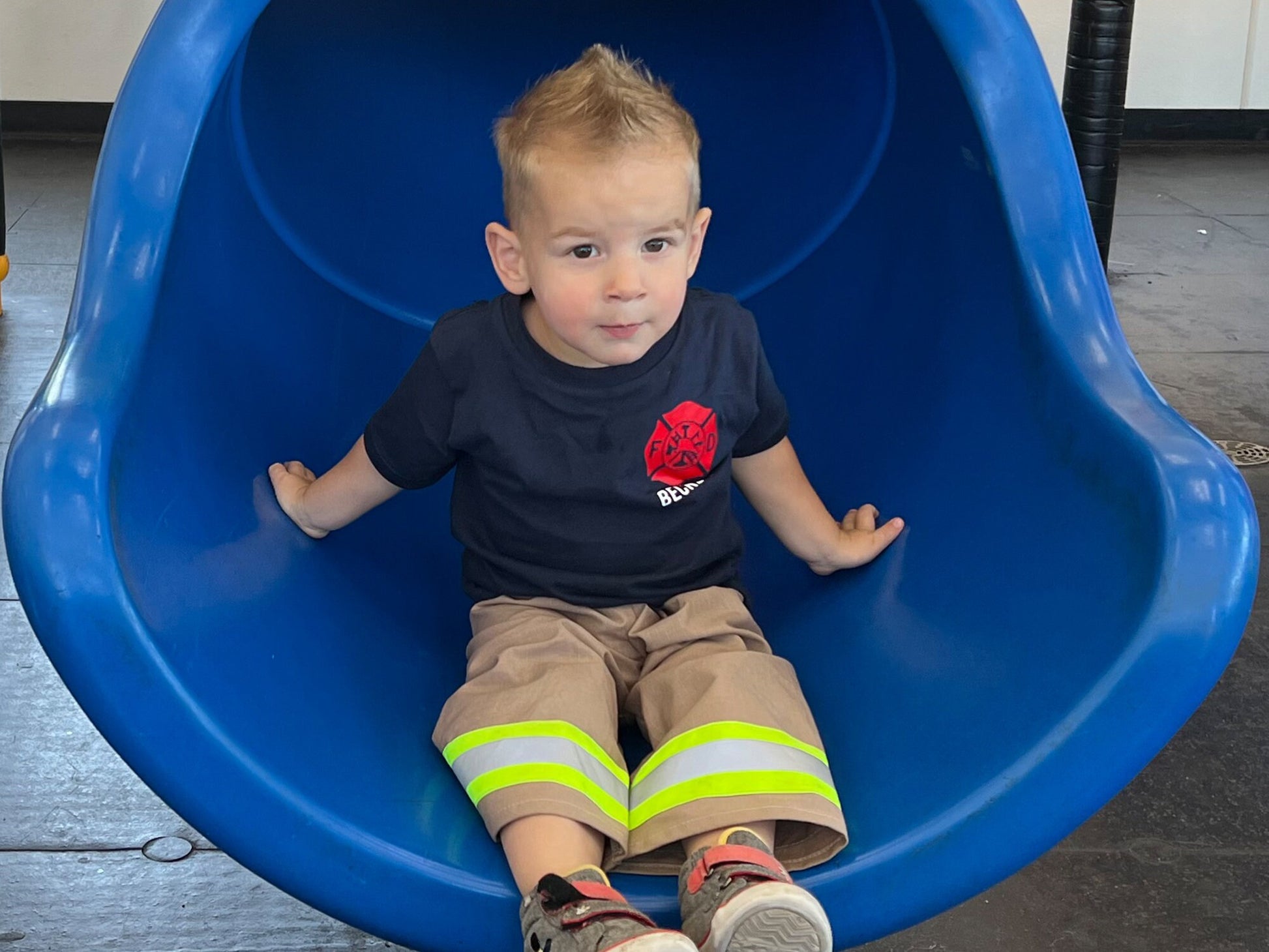 Firefighter Birthday Toddler Navy Tee-Shirt and Turnout Pants Outfit - Maltese Cross with age and Name on Front - Fire Department on Back