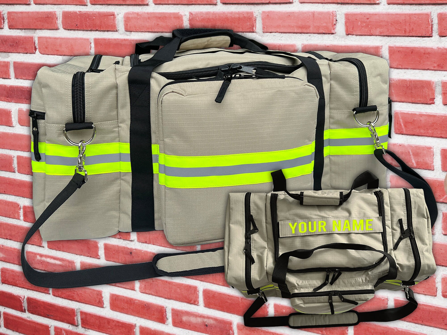 Personalized Firefighter Gym Bag or Station Bag in Tan with Your Name or Custom Text