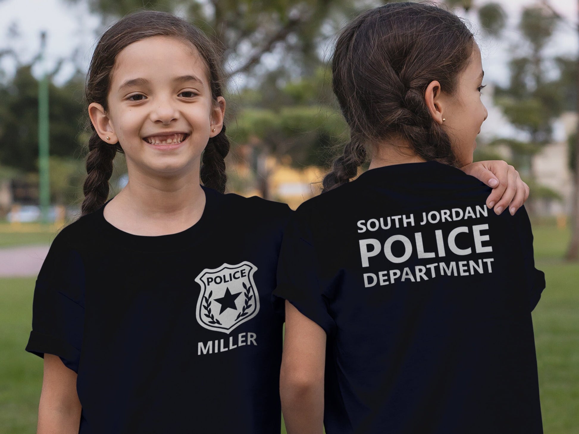 Black Police Toddler T-Shirt with Badge and Personalized Name in - Optional Police Department on Back