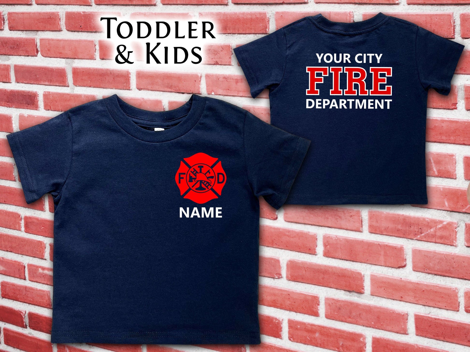 Firefighter Navy Toddler T-Shirt with Maltese Cross and Personalized Name - Optional Fire Department on Back