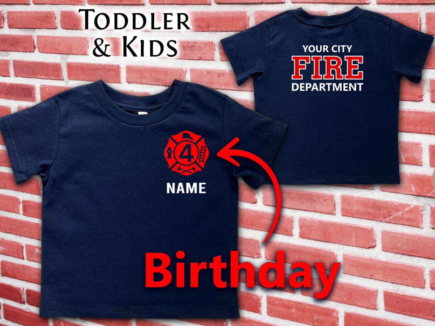 Navy Birthday Firefighter Toddler T-Shirt with Maltese Cross and Child's Age Plus Personalized Name - Optional Fire Department on Back