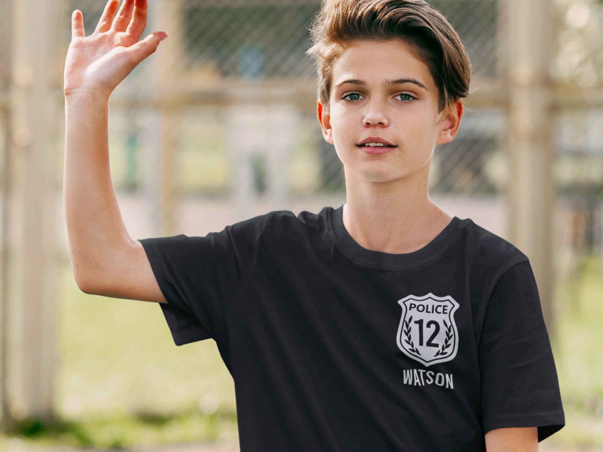 Black Police Youth Birthday T-Shirt with Badge and Personalized Name - Includes Child's Age - Optional Police Department on Back