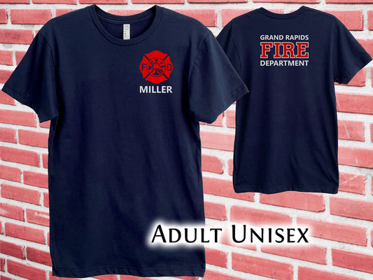 Firefighter Navy Adult Unisex T-Shirt with Maltese Cross and Personalized Name - Optional Fire Department on Back