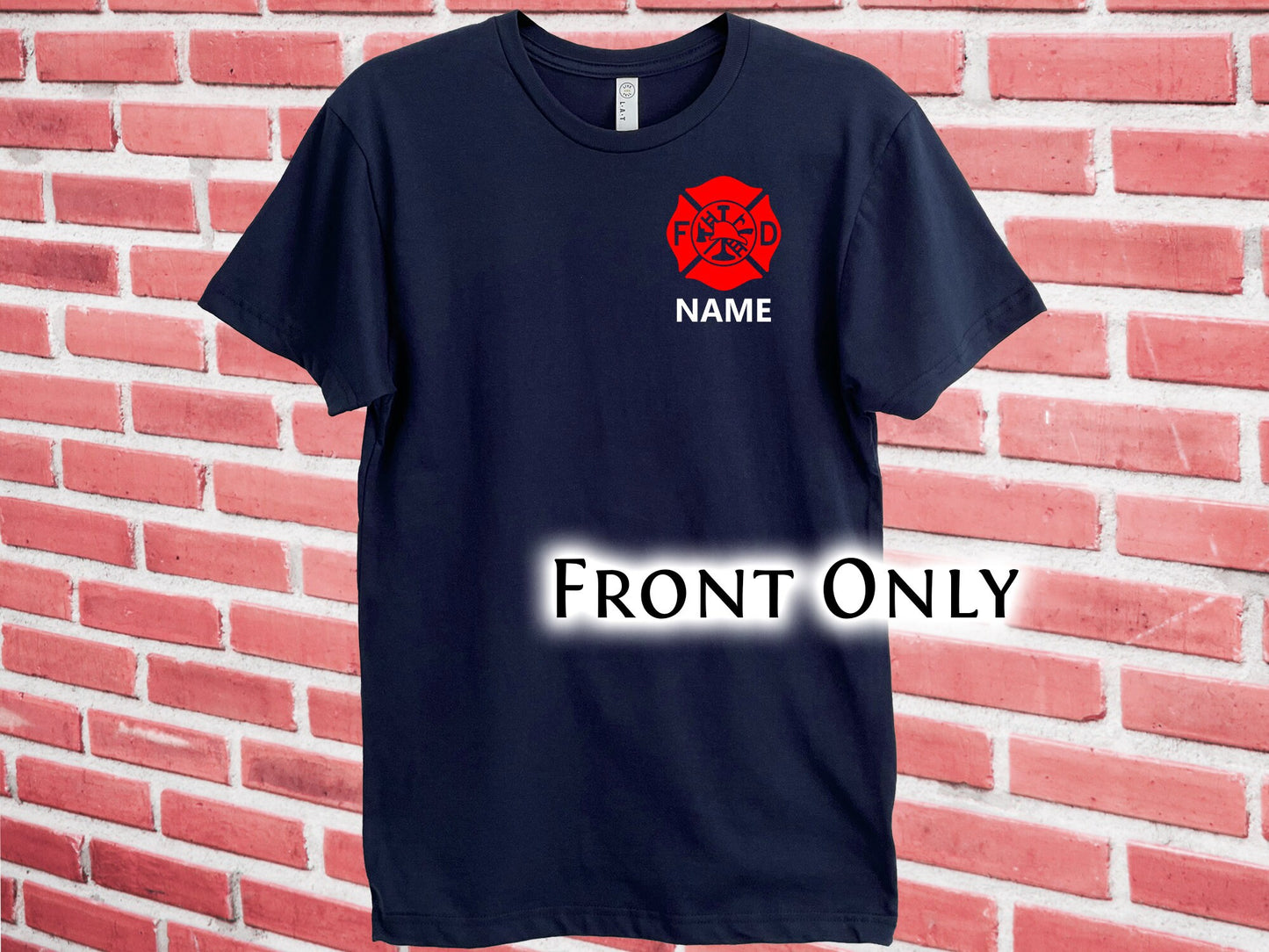 Firefighter Navy Adult Unisex T-Shirt with Maltese Cross and Personalized Name - Optional Fire Department on Back