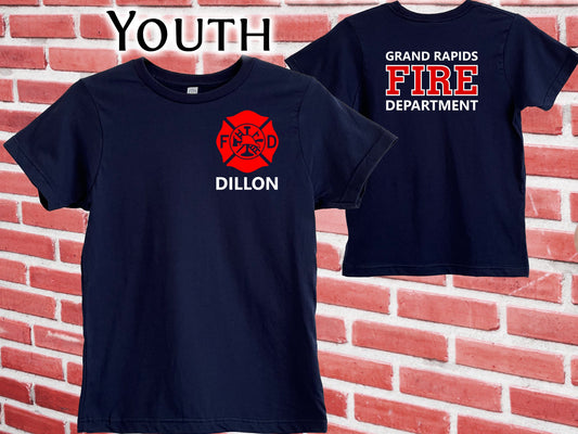 Navy Firefighter Youth T-Shirt with Maltese Cross and Personalized Name - Optional Fire Department on Back