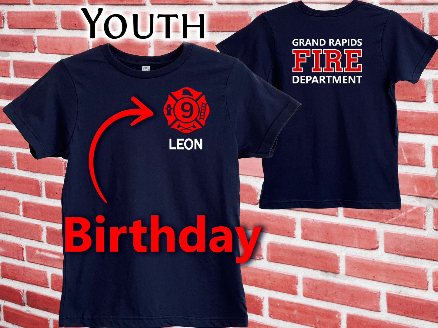 Firefighter Birthday Navy Youth T-Shirt with Maltese Cross and Personalized Name - Optional Fire Department on Back