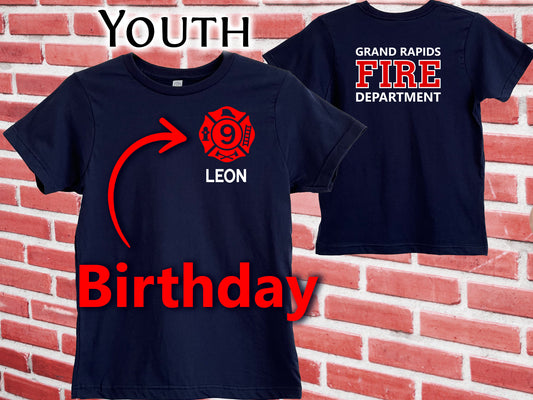 Firefighter Birthday Navy Youth T-Shirt with Maltese Cross and Personalized Name - Optional Fire Department on Back