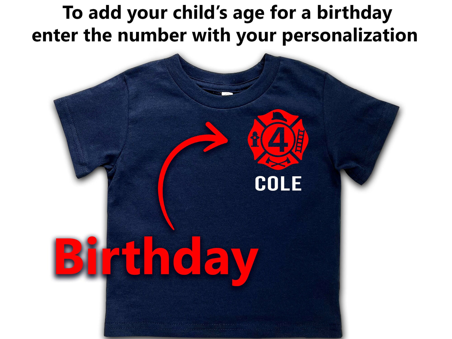 Firefighter Birthday Toddler Navy Tee-Shirt and Turnout Pants Outfit - Maltese Cross with age and Name on Front - Fire Department on Back