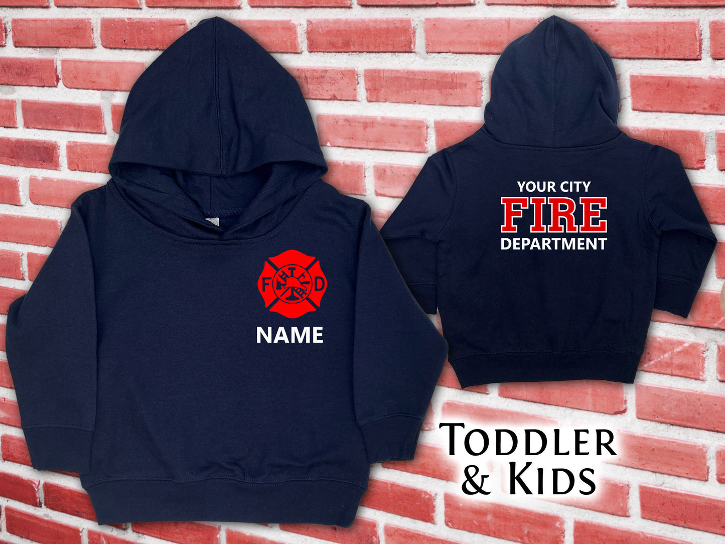 Firefighter Navy Toddler Hoodie with Maltese Cross and Personalized Name - Optional Fire Department on Back