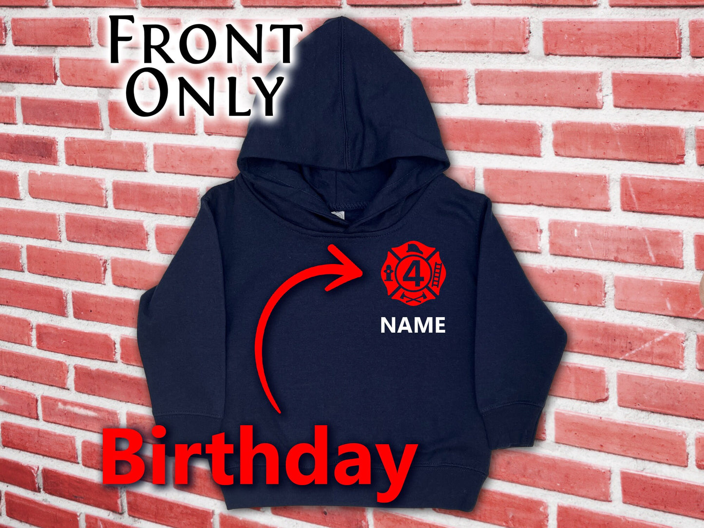 Birthday Firefighter Navy Toddler Hoodie with Maltese Cross and Your Child's Age and Personalized Name - Optional Fire Department on Back