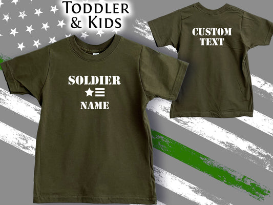 Soldier Army Green Toddler T-Shirt with Custom Text on Front and Optional 2 Lines of Custom Text on Back