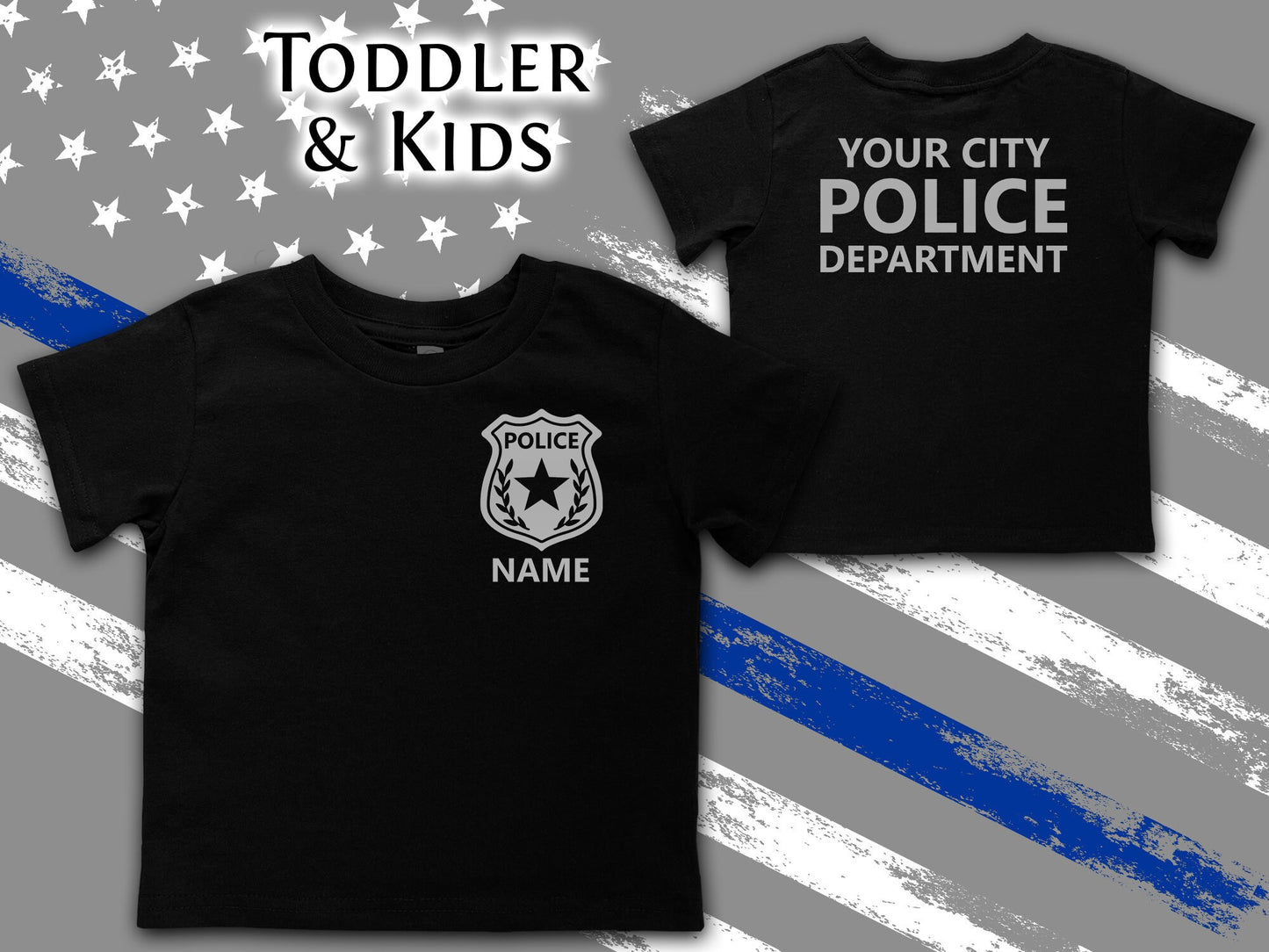 Black Police Toddler T-Shirt with Badge and Personalized Name in - Optional Police Department on Back