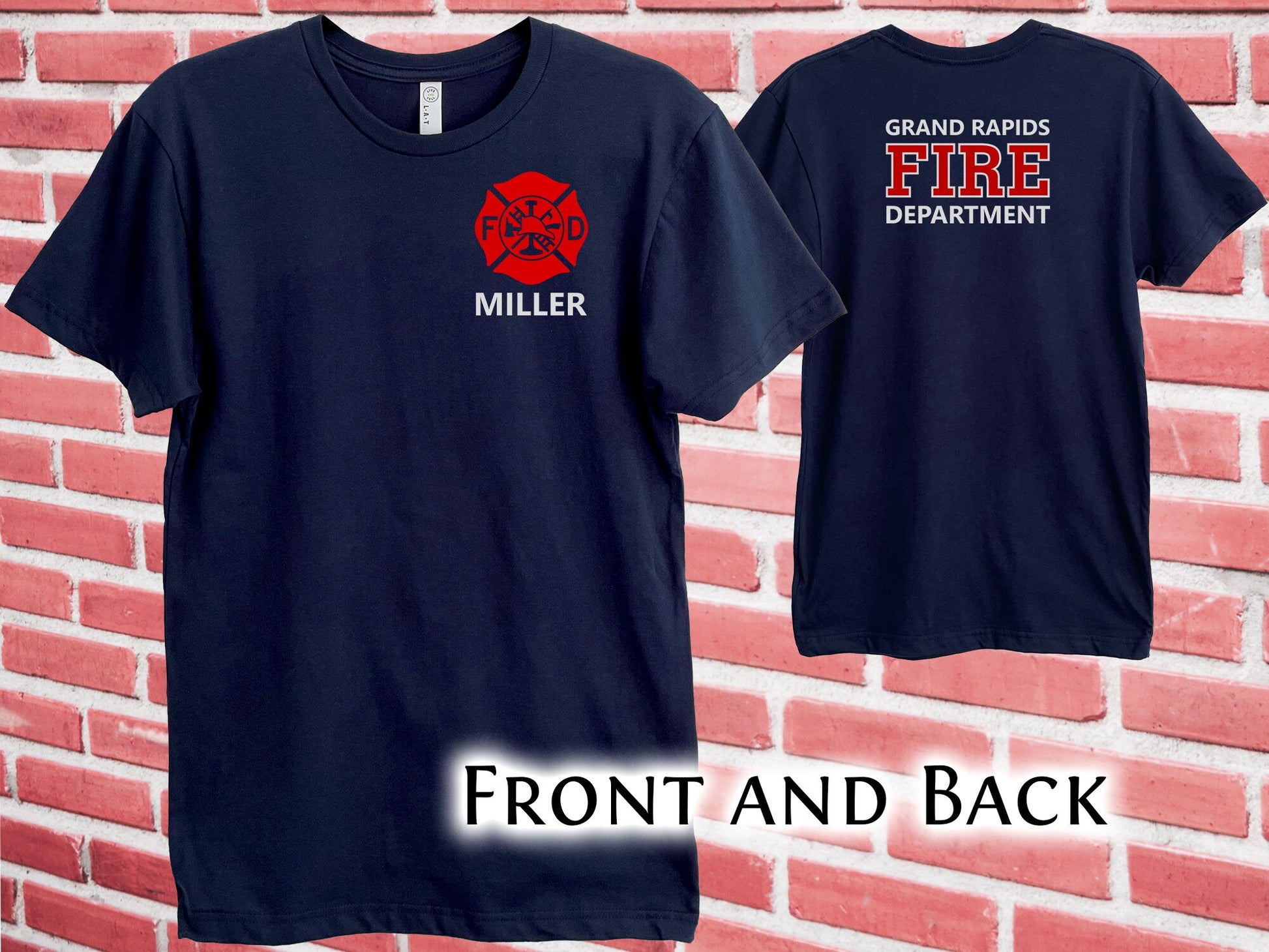 Firefighter Navy Adult Unisex T-Shirt with Maltese Cross and Personalized Name - Optional Fire Department on Back