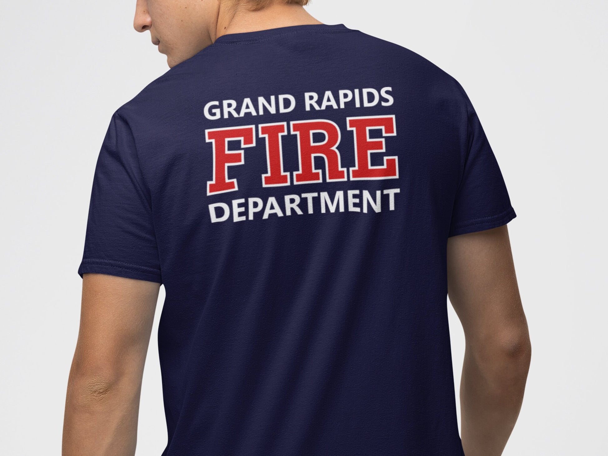 Firefighter Navy Adult Unisex T-Shirt with Maltese Cross and Personalized Name - Optional Fire Department on Back