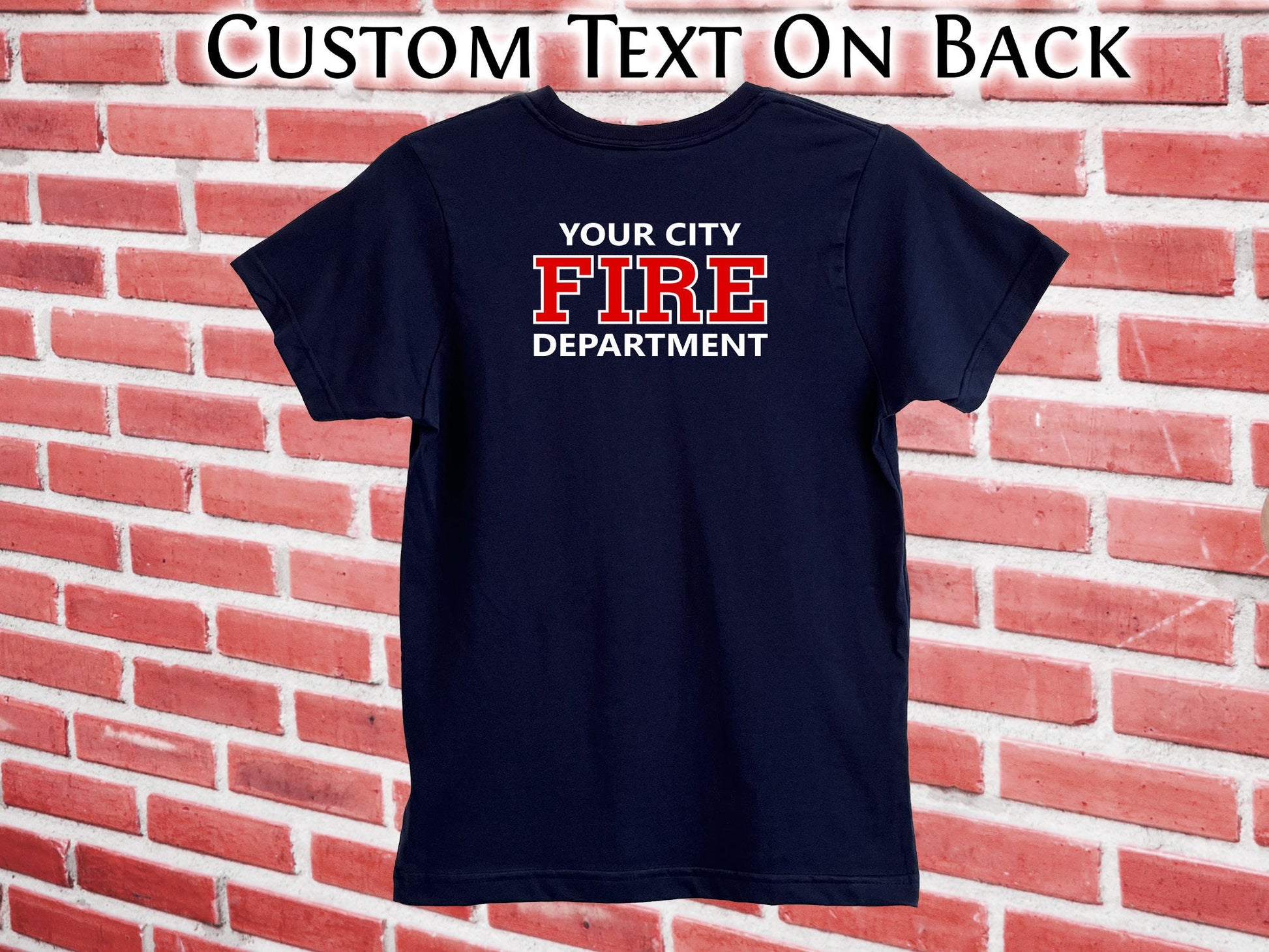 Navy Firefighter Youth T-Shirt with Maltese Cross and Personalized Name - Optional Fire Department on Back