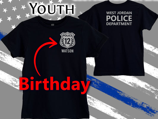 Black Police Youth Birthday T-Shirt with Badge and Personalized Name - Includes Child's Age - Optional Police Department on Back