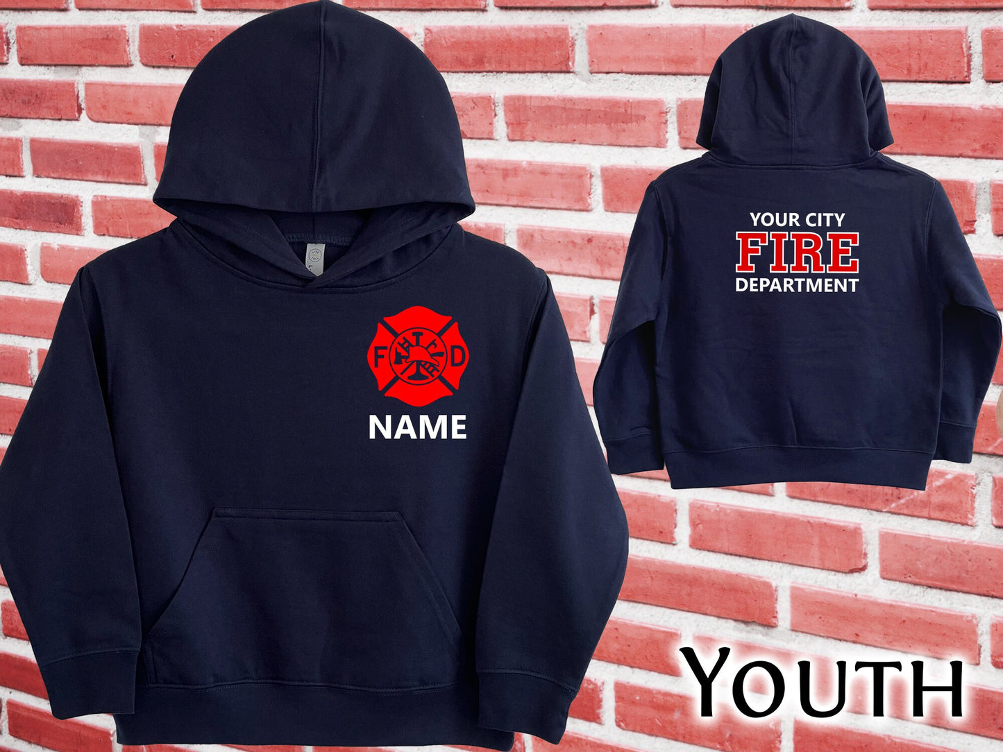 Firefighter Youth Sized Hoodie in Navy with Maltese Cross and Personalized Name - Optional Fire Department on Back