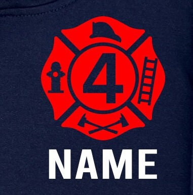 Birthday Firefighter Navy Toddler Hoodie with Maltese Cross and Your Child's Age and Personalized Name - Optional Fire Department on Back