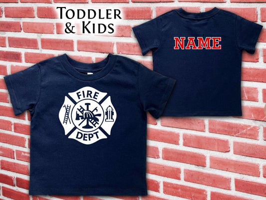 Firefighter Navy Toddler T-Shirt with Maltese Cross on Front and Personalized Name on Back