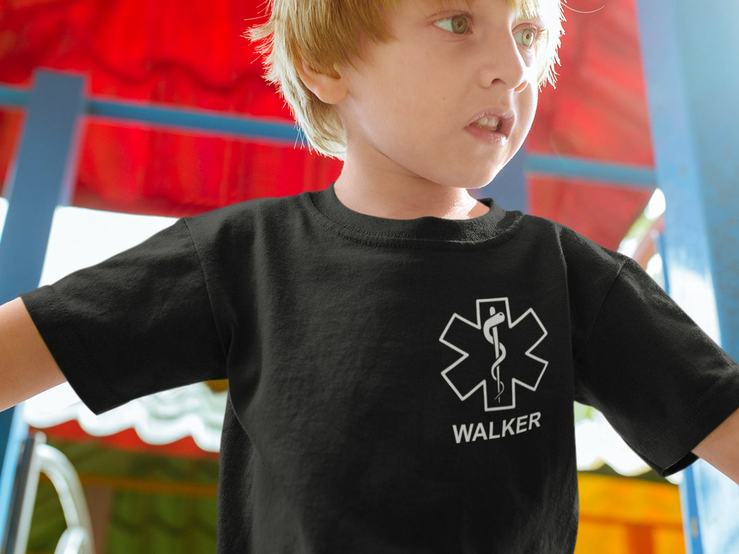 EMT Black Toddler T-Shirt with Star of Life and Personalized Name - Optional Department or City on Back