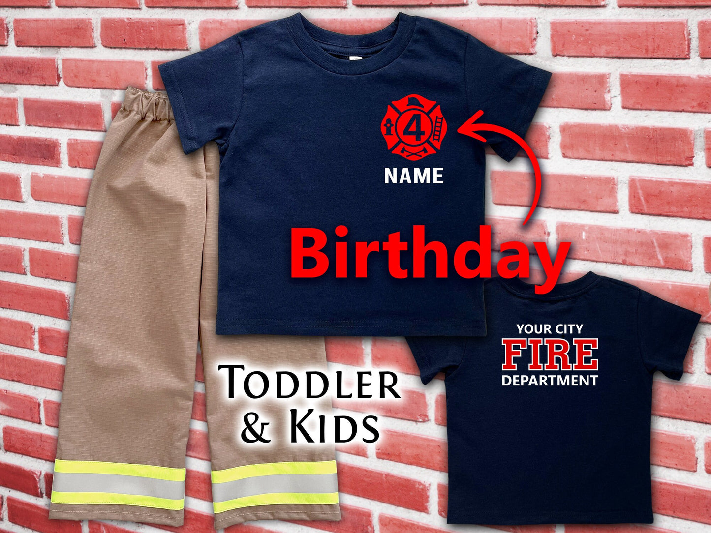 Firefighter Birthday Toddler Navy Tee-Shirt and Turnout Pants Outfit - Maltese Cross with age and Name on Front - Fire Department on Back