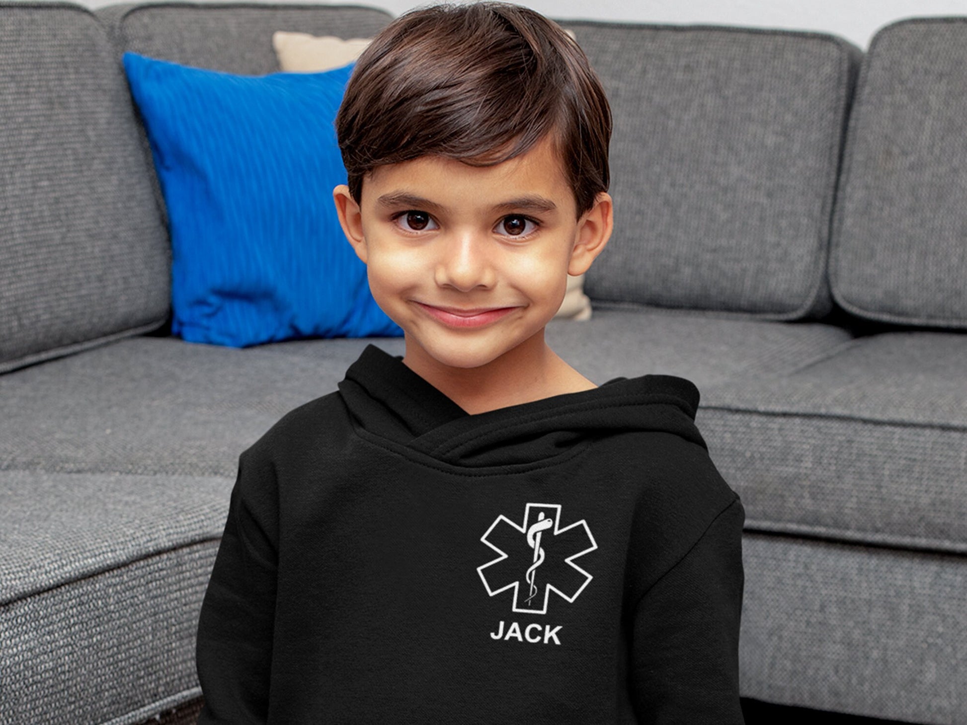 EMT Black Toddler Hoodie with Star of Life and Personalized Name - Optional Department or City on Back