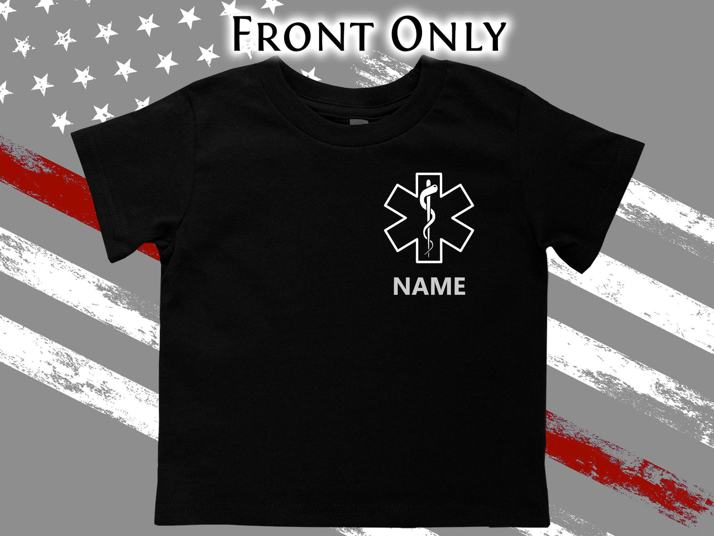 EMT Black Toddler T-Shirt with Star of Life and Personalized Name - Optional Department or City on Back