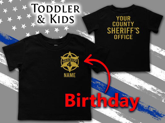 Sheriff Birthday Toddler Black T-Shirt with Badge, Personalized Name and Child's Age - Optional Sheriff's Office or Other Text on Back